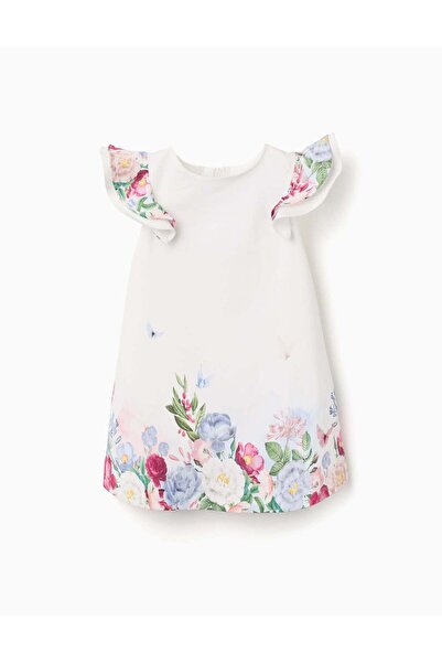 Ziddy Cotton dress with flowers and ruffled sleeves for baby girls, white