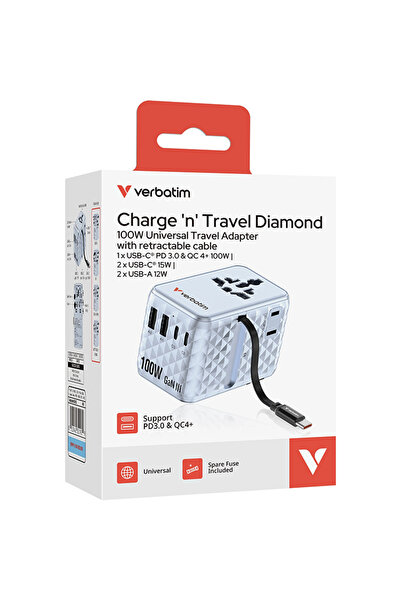 Verbatim 30192 GaN retractable USB-C cable 2x USB-A + 2x USB-C PD 3.0 QC4 100...