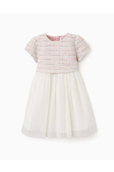 Ziddy Dual-fabric short sleeve dress in tweed and mesh for baby girls, pink