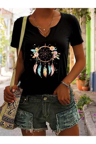 mercoledi Women's Dream Catcher Printed Half V-Neck Sleeves Regular Fit Casua...