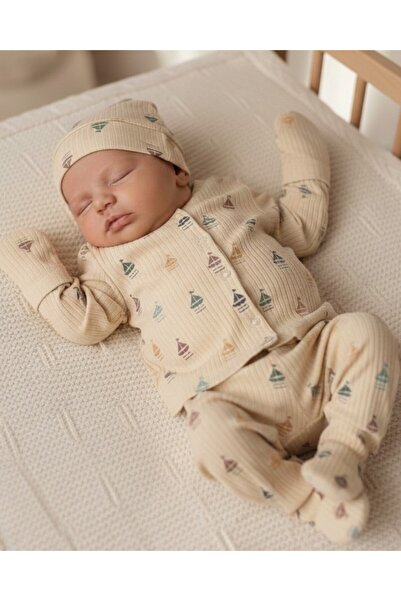 Ege Bebek طقم زيبين للمواليد الجدد مكون من 3 قطع مطبوعة للجنسين مع قفازات وقب...