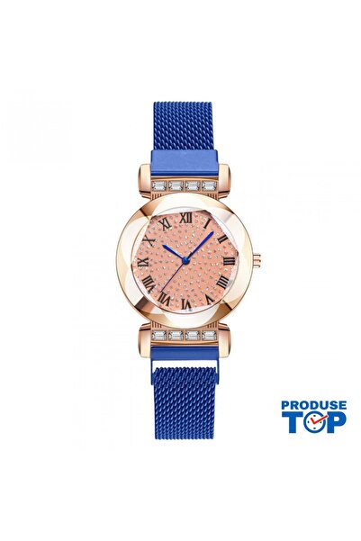 QUARTZ Casual Women's Watch with Magnetic Bracelet and Blue Rhinestone Dial C...