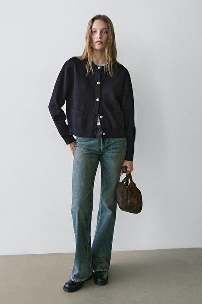 Massimo Dutti Altın düğmeli pamuklu triko hırka