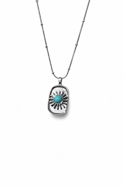 Tasarım Antique Silver Color Women's Necklace with Turquoise Stone and Sun Fi...