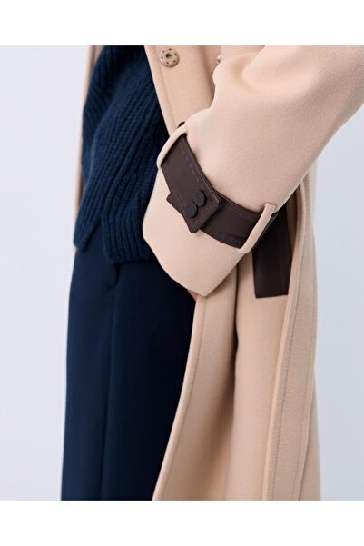 IDA Collection Leather Detailed Double-Breasted Coat Beige