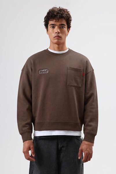VAMOSCLO Oversized Crew Neck Sweatshirt with Pockets Brown