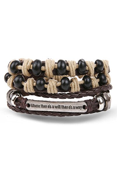 OEM Set of leather bracelets with message pendant, adjustable, unisex, brown