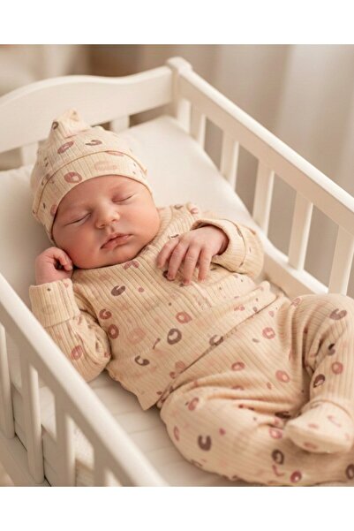 Ege Bebek طقم زيبين للمواليد الجدد مكون من 3 قطع مطبوعة للجنسين مع قفازات وقب...