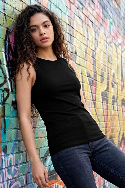 TOMMY LIFE Black Slim Fit Basic O-Neck Zero Sleeve Women's Undershirt - 97313