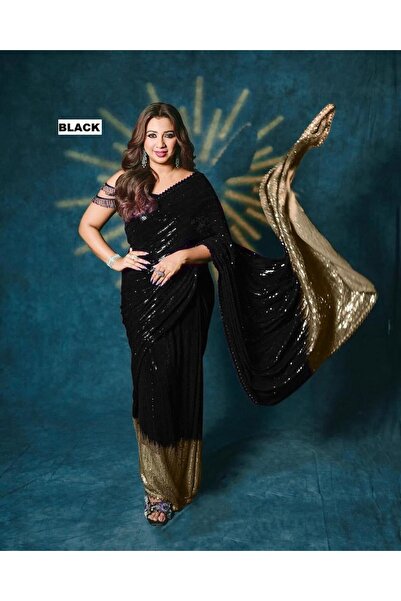 MYSMAR Black Georgette Free Delivery Saree - FFT4302 | Black