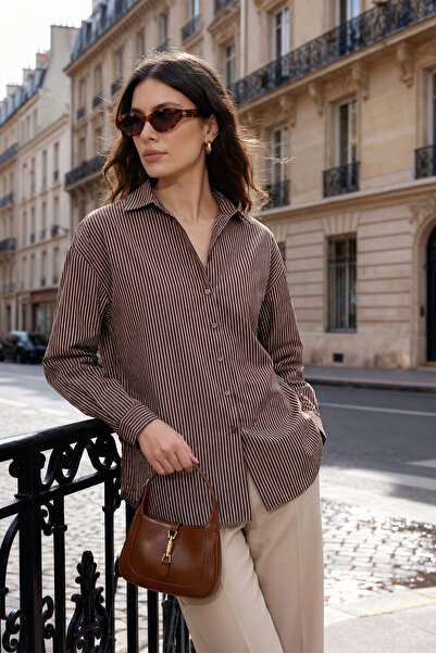 Lela Striped Oversized Fit Classic Collar Long Sleeve Shirt Shirt 6925437