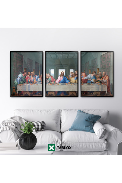 TABLOX 3 Piece Real Wood Framed Decorative Last Supper Leonardo Davinci Mdf P...