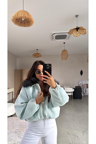 Buket Teke Baby Blue Fur Short Lined Coat