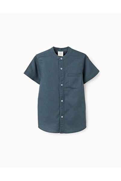 Ziddy قميص كتان بأكمام قصيرة، أزرق داكن، مقاس 13/14