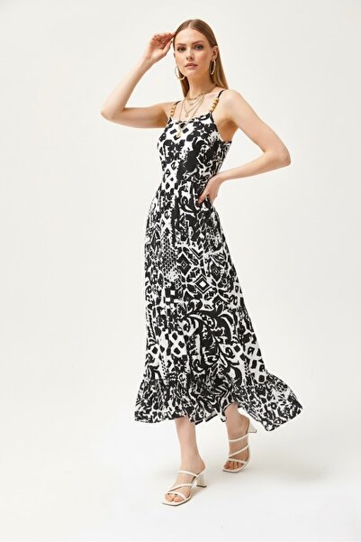 CARLA MARA Φόρεμα μίντι με ελαστική μέση και ξύλινα αξεσουάρ