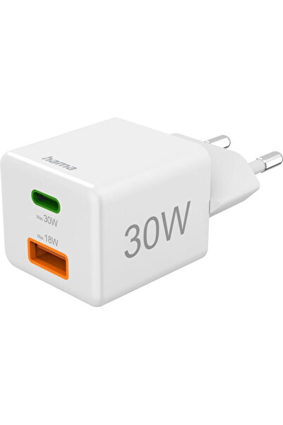 Hama Fast Charger, 1x USB-C, 1x USB-A, Mini Charger, PD, 30 W, white