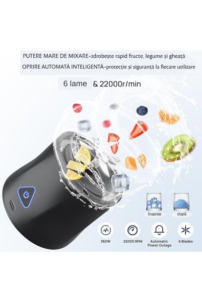 Mirunia Blender Portabil Reincarcabil, 6000mAh, USB-C, Ideal pentru Smoothie, Shake, Suc, Hrana Bebe, 700ml