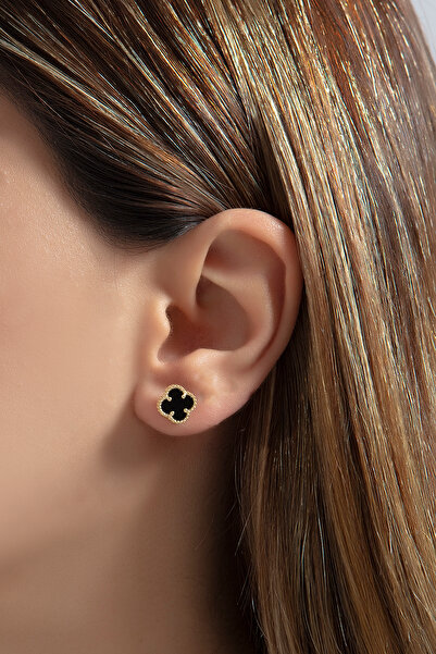 SARIASLAN Dört Yapraklı Yonca 925 Ayar Gümüş Küpe 14 Ayar Altın Renginde