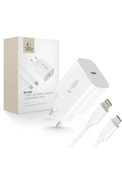 Tech-Protect 5906302362899 NC20W USB-C PD + cablu Lightning 20W Alb