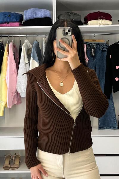 elif&co Madonna Collar Asymmetric Zipper Cardigan - Brown Brown