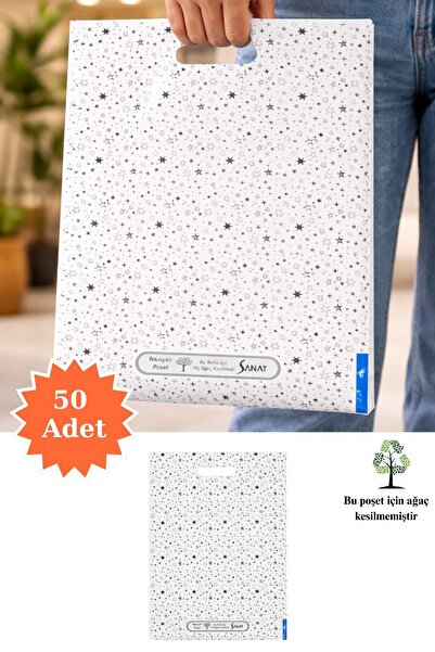 Plas+Plus Güçlendirilmiş El Geçmeli Takviyeli Mağaza Poşeti Elit Yıldız Desen...