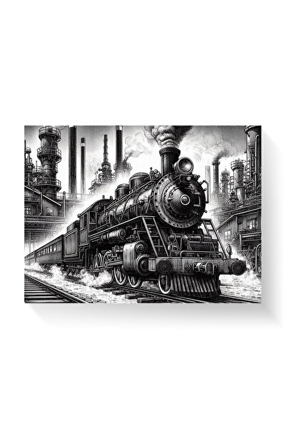 Printees Painting - Illustration with steam train in factory - Canvas on chassis