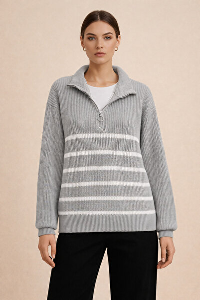Kirazgym Half Zipper Side Stripe Half Zipper Sweater-Grey