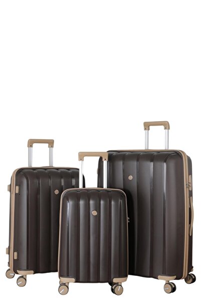MÇS 3lü Set Kırılmaz Silikon Valiz Bavul V305 Acı Kahve/Şampanya