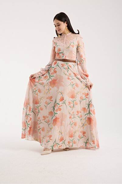 Stylish Elegant apricot floral dress decorated with lace and an elegant belt