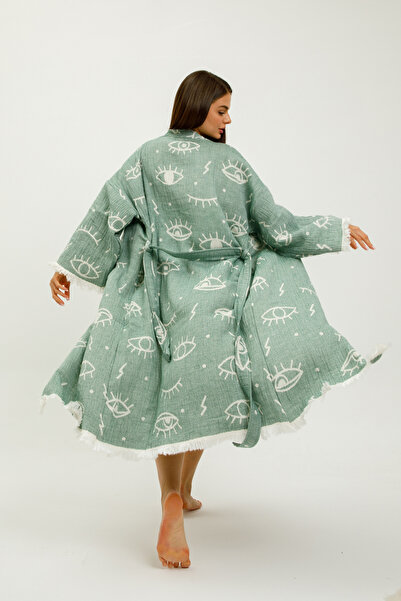 Befera Design Muslin Kimono 100% Cotton Eye Patterned Bathrobe Kaftan Dressin...