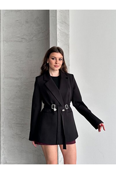 VESS MODA Double Buckle Detailed Belted Blazer Jacket