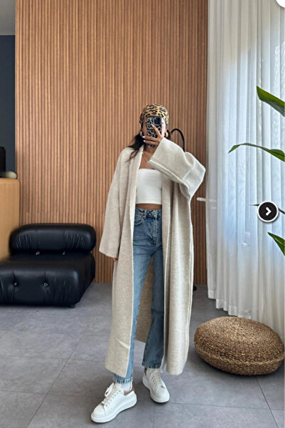 Stil Sepeti Women's Beige Long Hijab Thick Knitwear Cardigan Ss-125412000