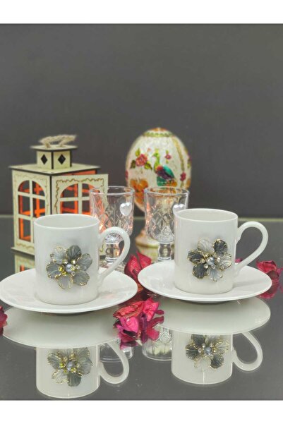 KirLiNova Porcelain Gray Flower Detailed Coffee Cup Set of 2
