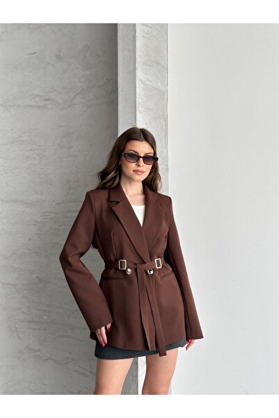 VESS MODA Double Buckle Detailed Belted Blazer Jacket