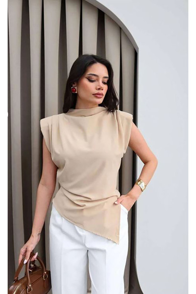 TOKARİS TEKSTİL Women's Asymmetrical Cut Shoulder Padded Back Zipper Blouse