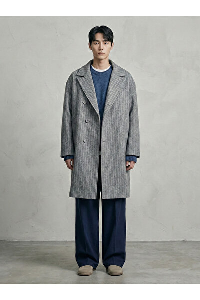 da collection Erkek Relax Fit Çizgili Kruvaze Kaşe Kaban