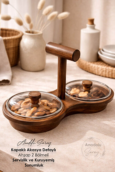 Anadolu Saray Kapaklı Akasya Detaylı Ahşap 2 Bölmeli Servislik ve Kuruyemiş S...
