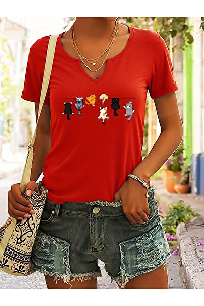 mercoledi Women's Cats Printed Half V-Neck Sleeves Regular Fit Casual T-Shirt