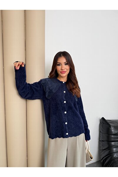 Hatun Atila Authentic Lace Collared Knitwear Cardigan 2624 - Navy Blue
