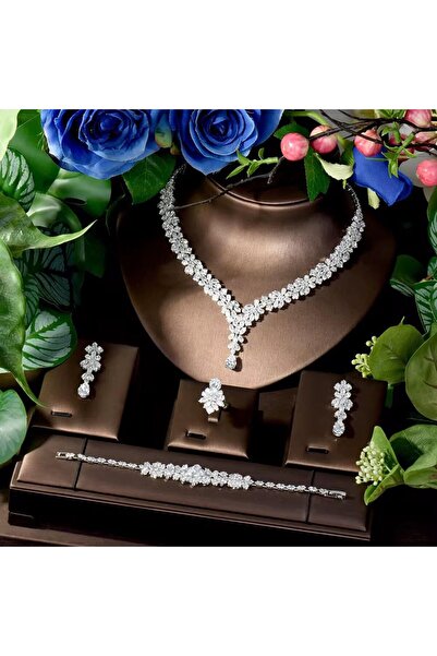 VİYA Ashly Zirkon Taşlı Takı Seti Kolye Küpe Bileklik Yüzük Set Düğün Nişan Seti