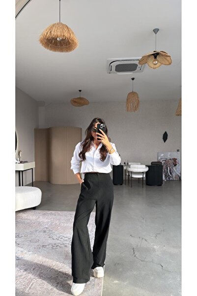 Buket Teke Μαύρο ριγέ υφασμάτινο παντελόνι με φαρδιά μπατζάκια και ελαστικό σ...