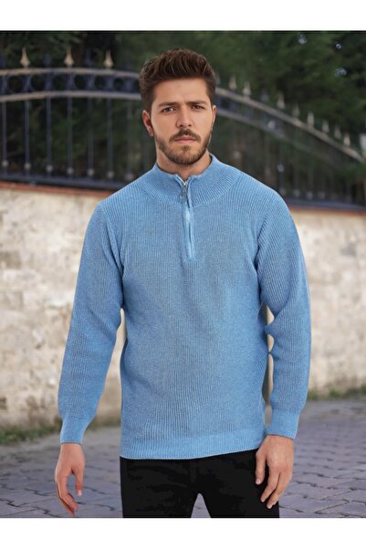 mayastyle Men's Knitwear Sweater with Half Zipper (Blue)