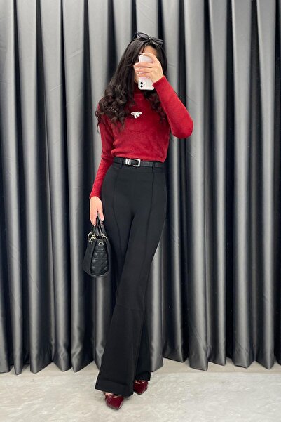 Gökkuşağı Nervürlü İspanyol Paça Pantolon - Siyah SİYAH