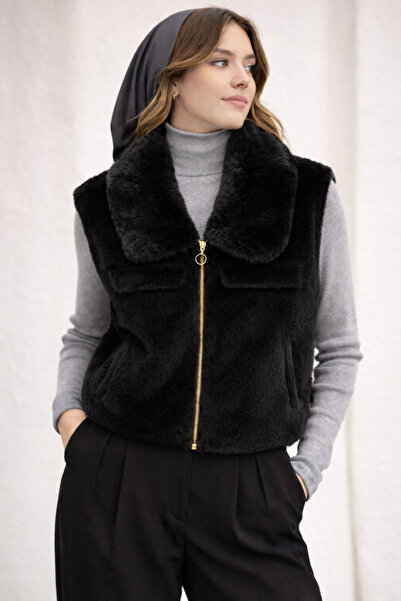 ERVA Kadın Peluş Yakalı Fermuarlı Yelek