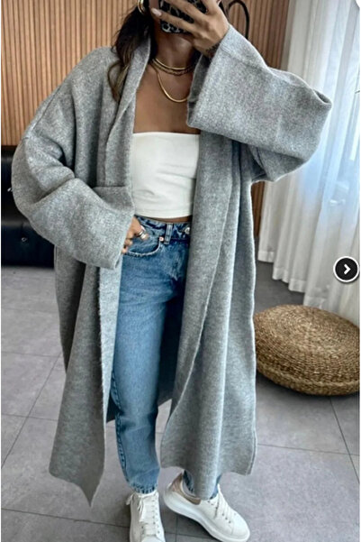 Stil Sepeti Women's Gray Long Hijab Thick Knitwear Cardigan Ss-125412000