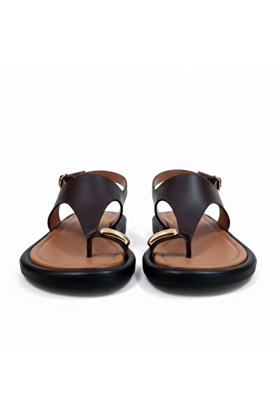 NE&VE SHOES Kahve Hakiki Deri Aksesuar Detaylı Parmak Arası Kadın Arkadan Tok...