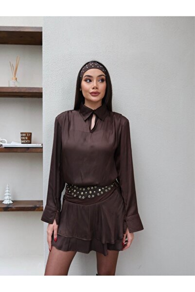 ESRAHELVACI Shoulder Pad Piece Belt Detailed Satin Skirt Set