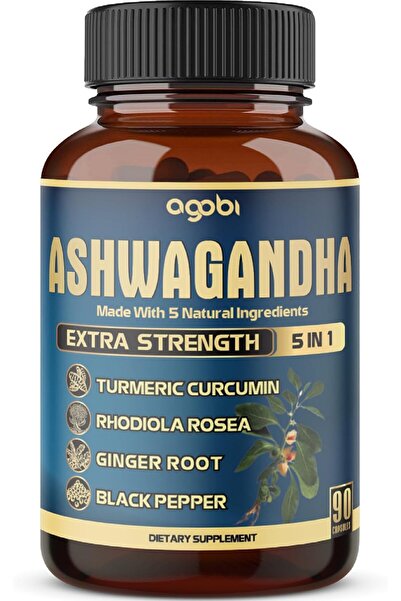 agobi كبسولات مستخلص الأشواغاندا - قوة فائقة - مزيج 5 في 1 من الزنجبيل والكرك...