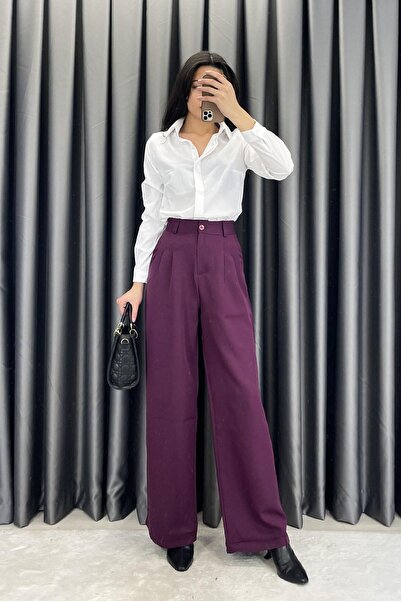 Gökkuşağı بنطلون واسع الساقين من قماش بالازو مطوي مزدوج - بلون البرقوق