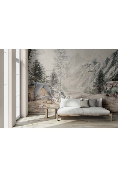 Grown Dağ Kampı Temalı Beyaz Doğal Manzara Duvar Kağıdı
